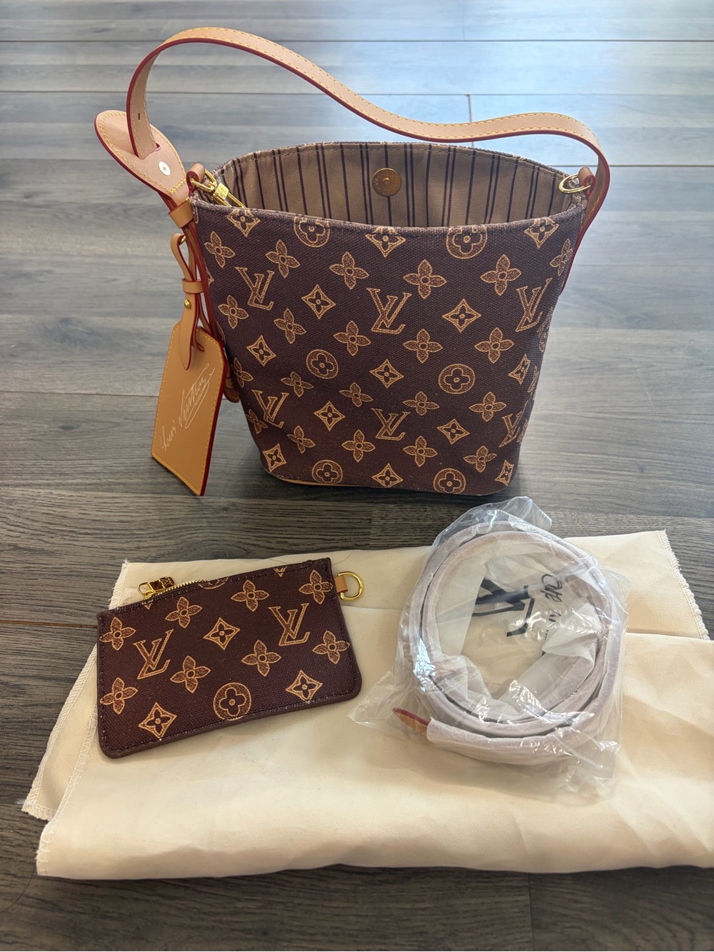 Brown Canvas Monogram Bucket Shoulder Bag with Pouch